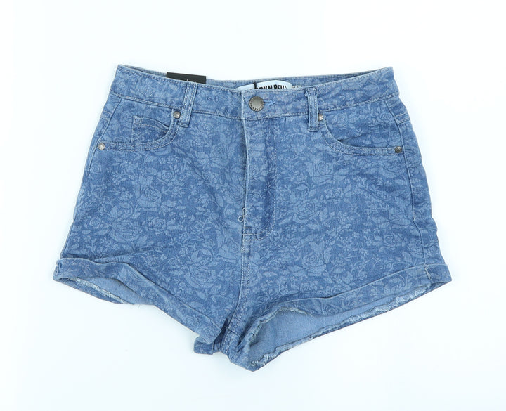 The Rockin Rev Womens Blue Floral Denim Hot Pants Shorts Size 6