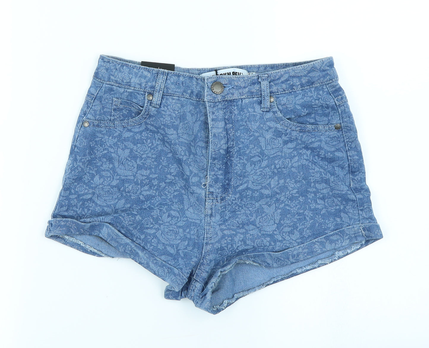 The Rockin Rev Womens Blue Floral Denim Hot Pants Shorts Size 6