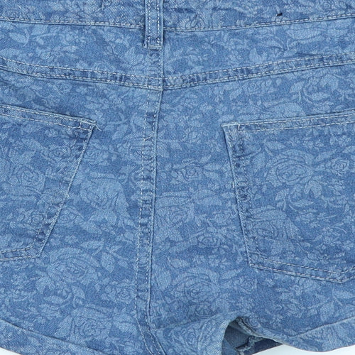 The Rockin Rev Womens Blue Floral Denim Hot Pants Shorts Size 6