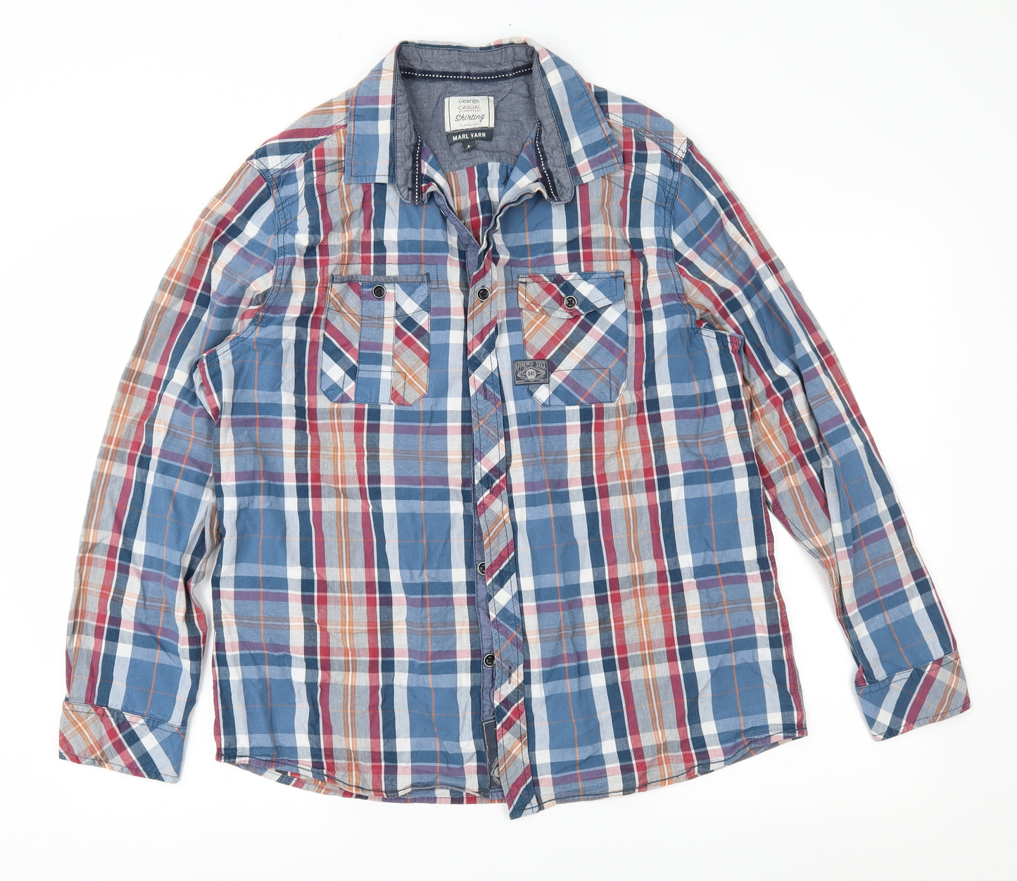 George Mens Blue Check   Button-Up Size L