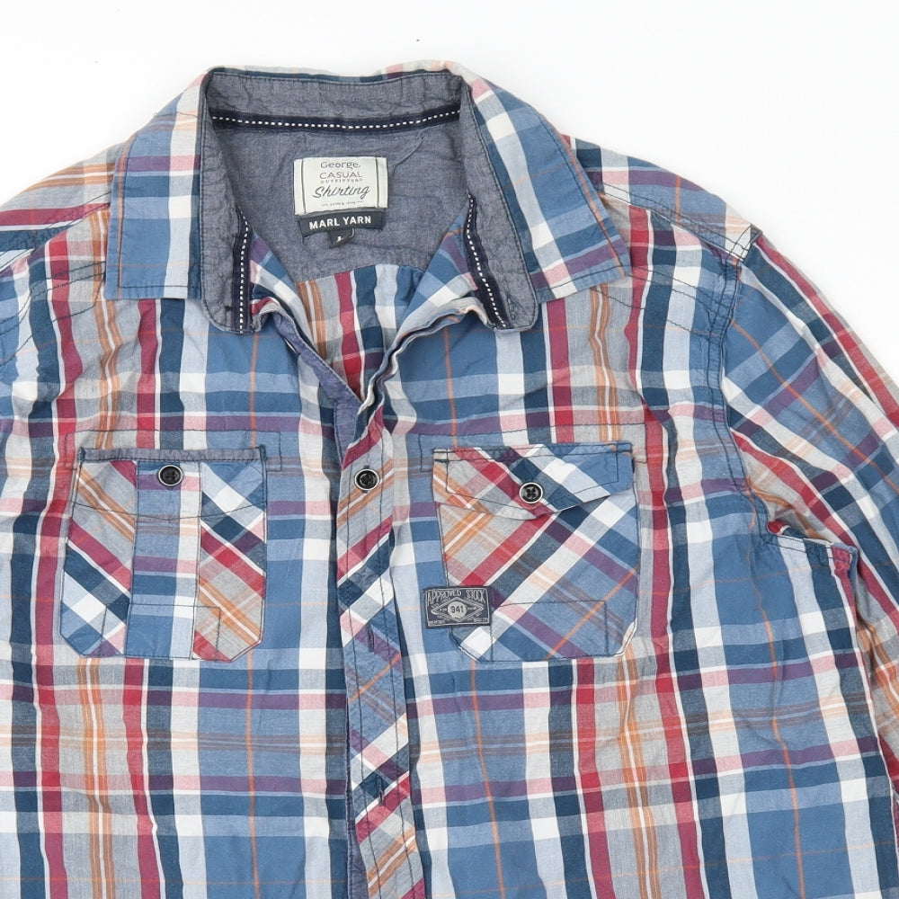 George Mens Blue Check   Button-Up Size L