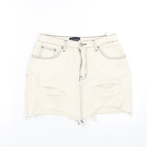 PRETTYLITTLETHING Womens Ivory  Denim Mini Skirt Size 10  - Distressed