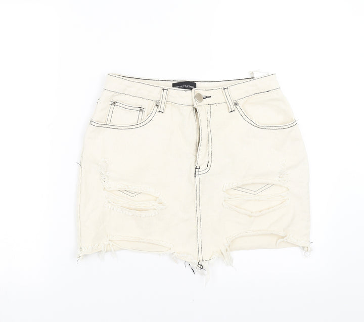 PRETTYLITTLETHING Womens Ivory Denim Mini Skirt Size 10 - Distressed