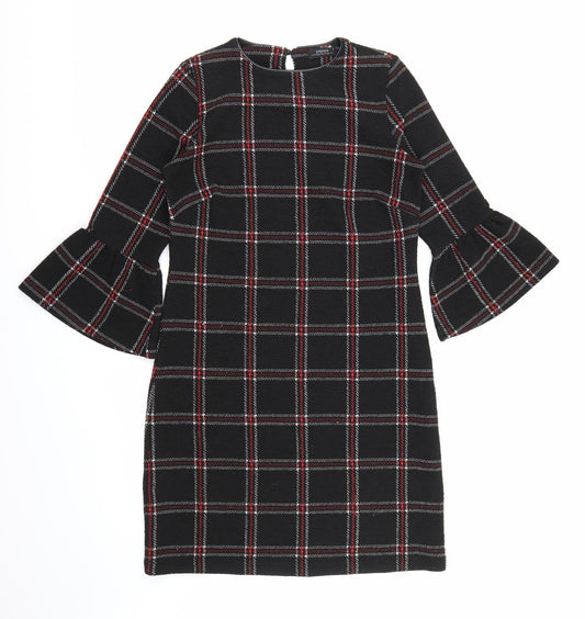 Front view of Papaya women’s beige check a-line, size UK 8, - flared sleeves
