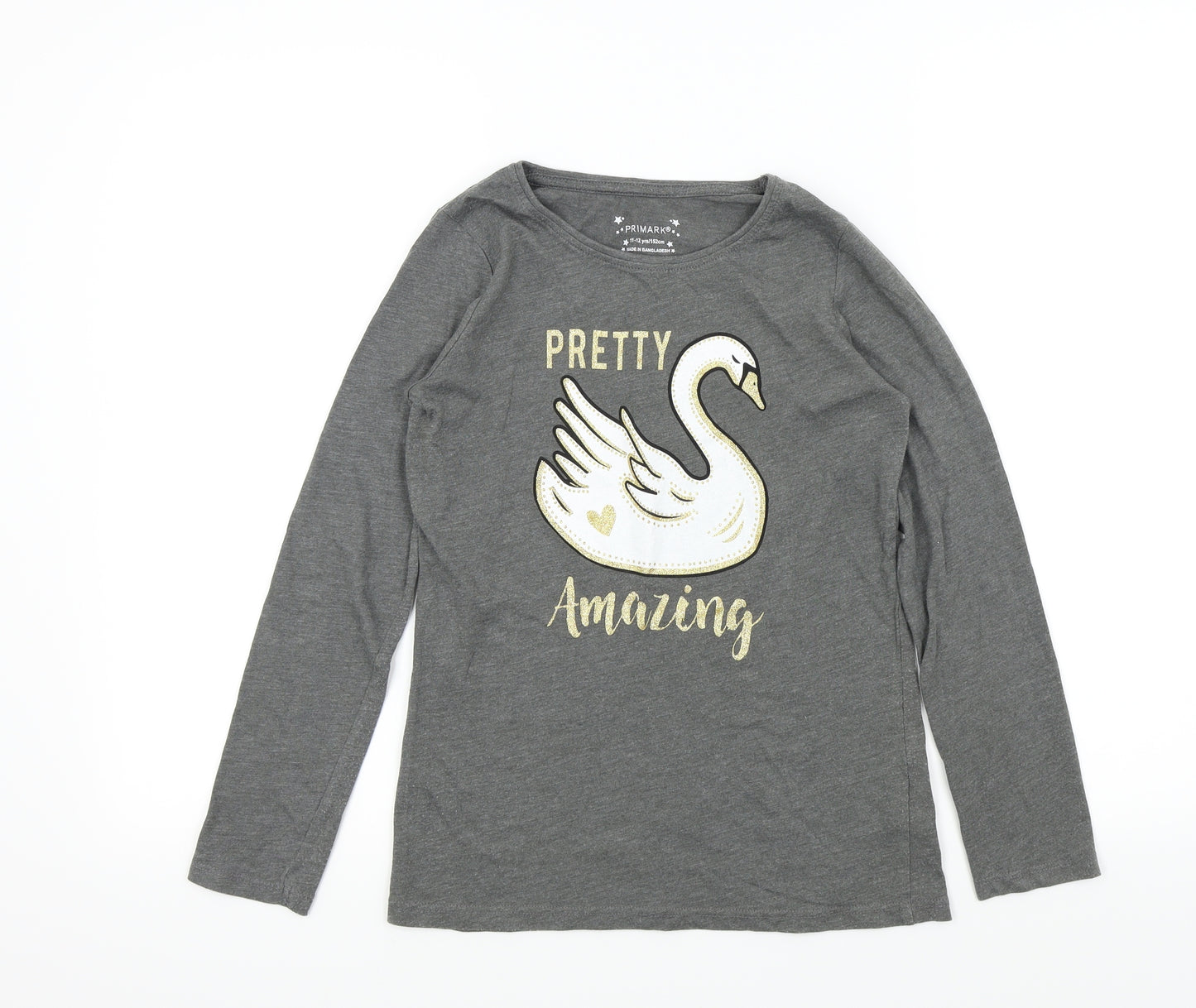 Primark Girls Grey   Basic T-Shirt Size 11-12 Years  - swan