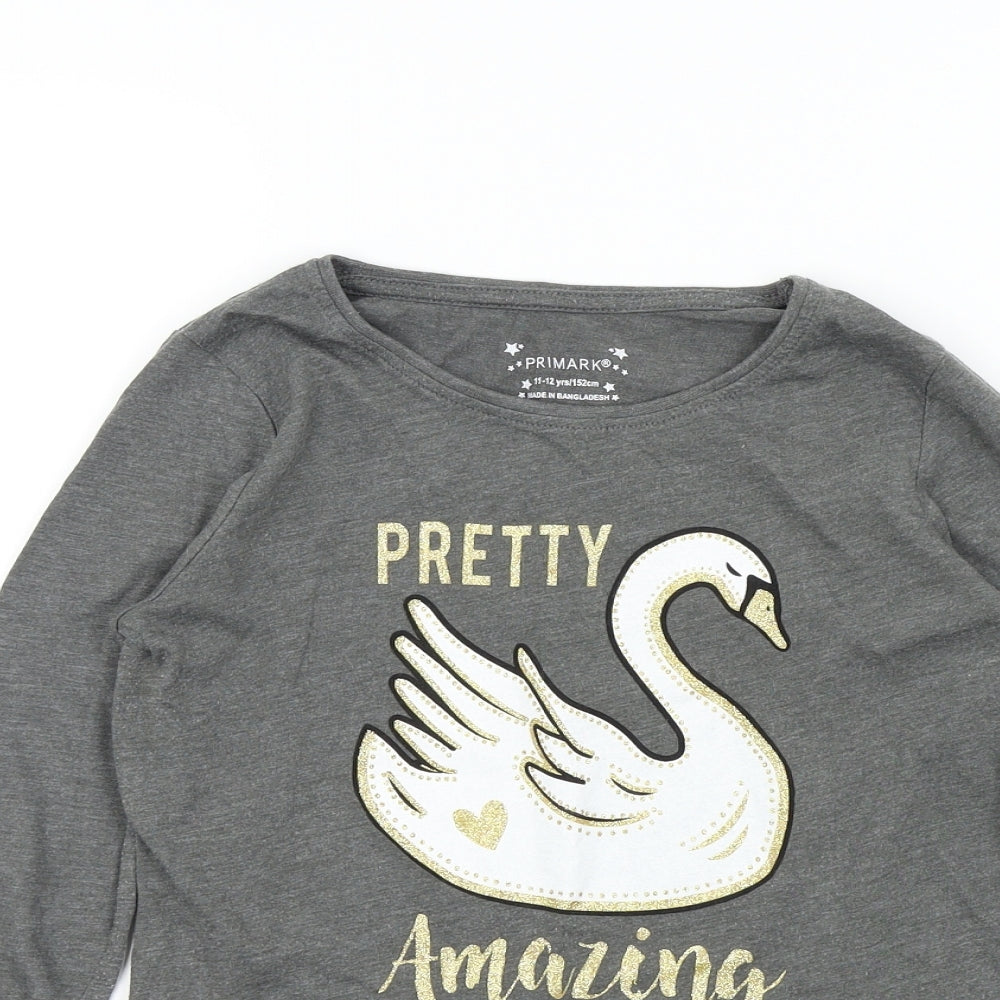 Primark Girls Grey   Basic T-Shirt Size 11-12 Years  - swan