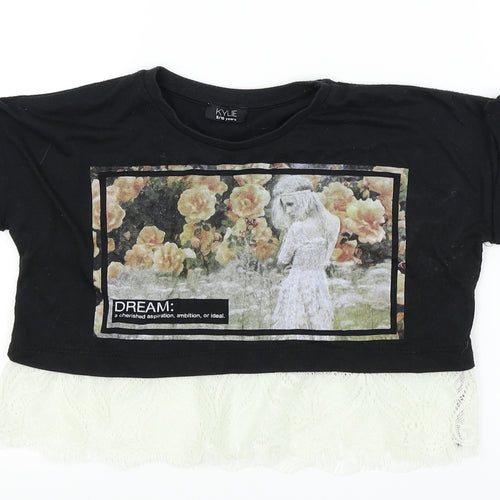 Kylie Girls Black Houndstooth  Basic T-Shirt Size 9 Years  - LACE BOTTOM