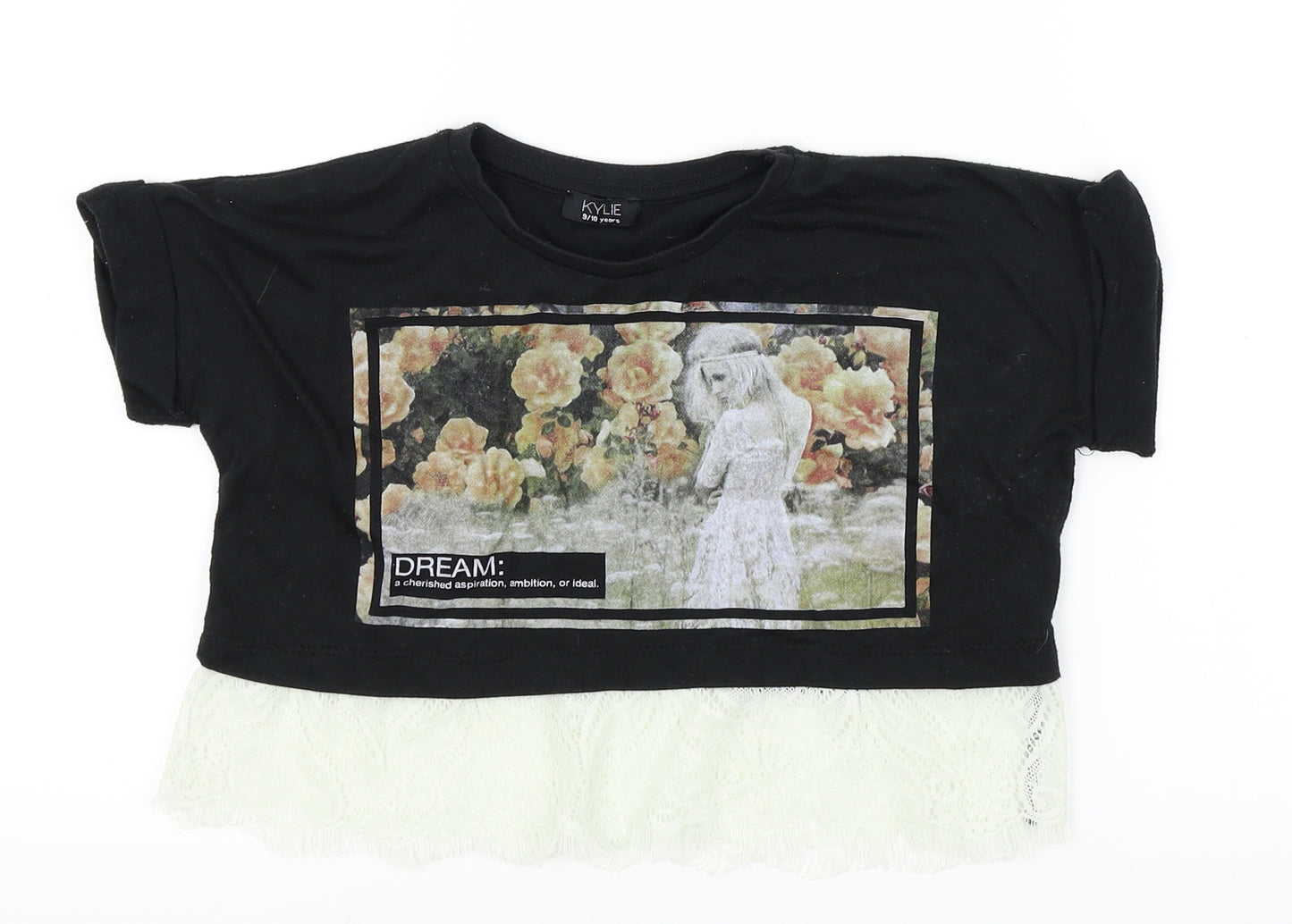 Kylie Girls Black Houndstooth  Basic T-Shirt Size 9 Years  - LACE BOTTOM