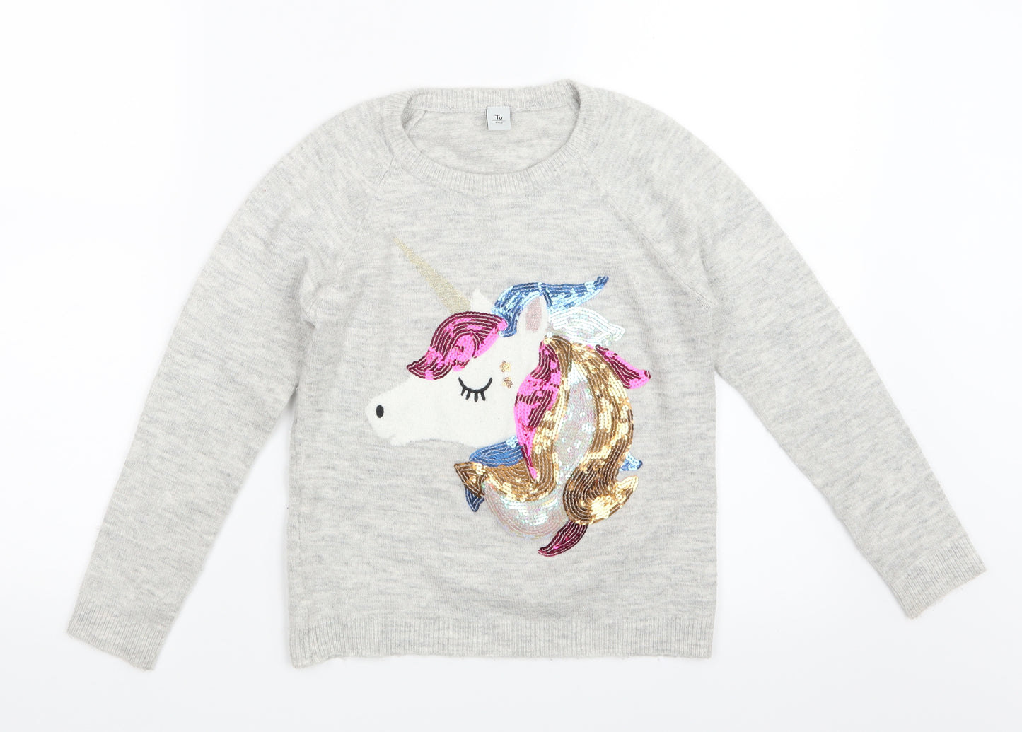 TU Girls Grey  Knit Pullover Jumper Size 8 Years  - Unicorn