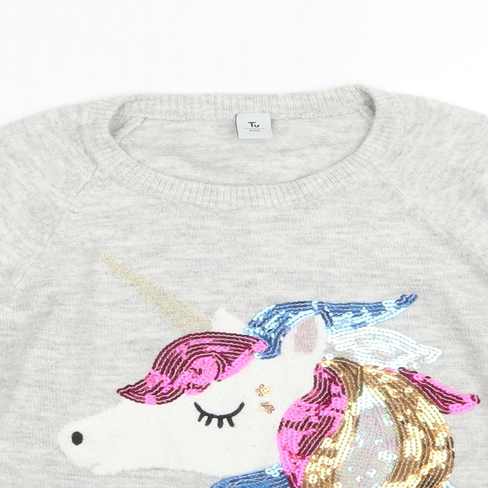 TU Girls Grey  Knit Pullover Jumper Size 8 Years  - Unicorn