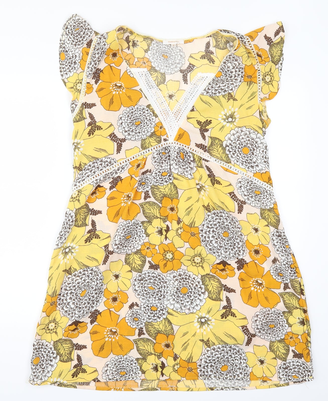 Grace & Mila Womens Yellow Floral  A-Line  Size M