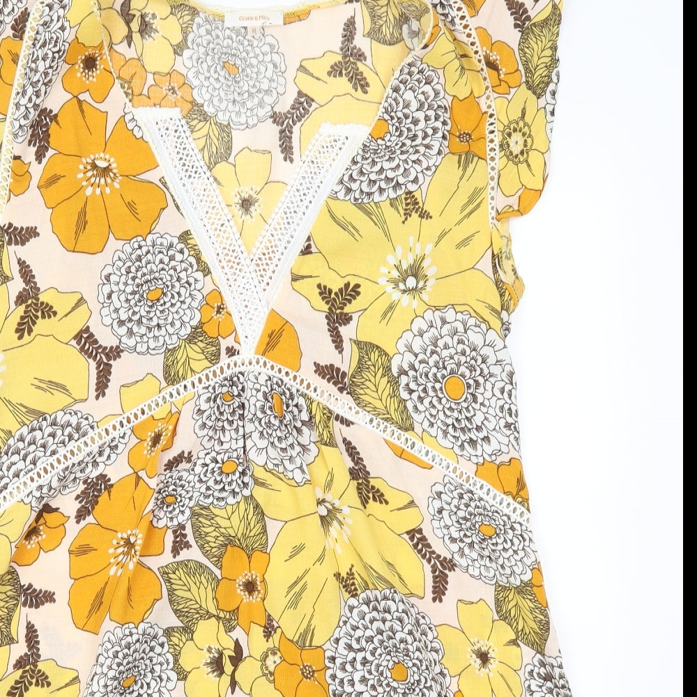 Grace & Mila Womens Yellow Floral  A-Line  Size M