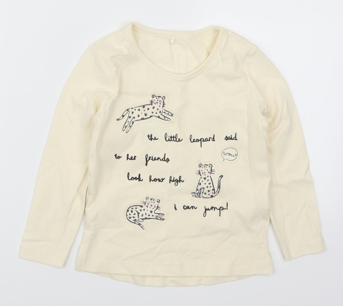 George Girls Beige   Basic T-Shirt Size 2-3 Years  - Leopard Look How High I Can Jump