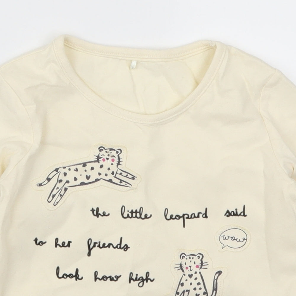 George Girls Beige   Basic T-Shirt Size 2-3 Years  - Leopard Look How High I Can Jump