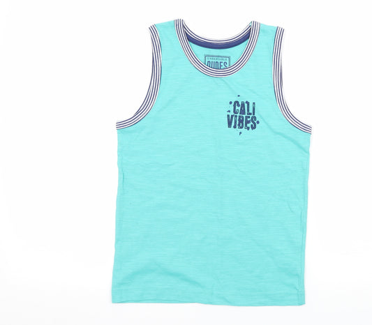 Front view of Matalan boys’ blue jersey basic tank, size 8, years - cali vibes