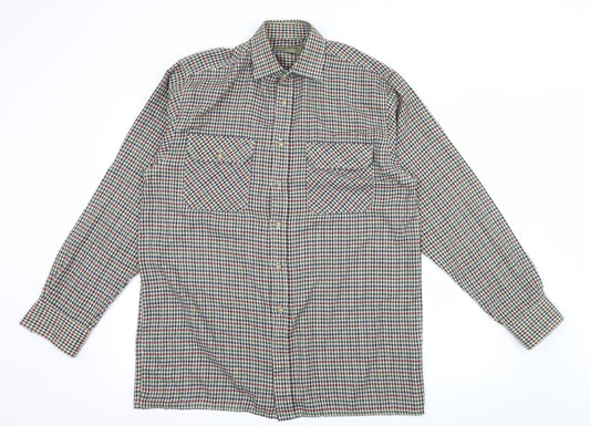 Front view of Tom Hagan men’s beige check button-up, size M