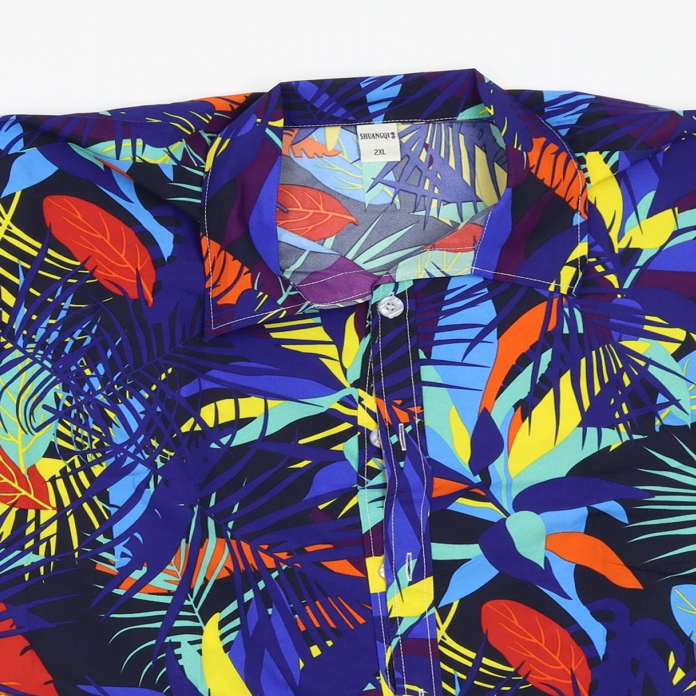 Shuangqi Mens Blue Floral   Button-Up Size 2XL