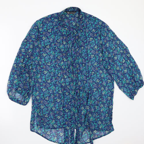 M woman Womens Blue Floral  Basic Button-Up Size M