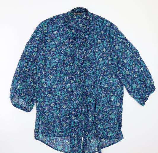Front view of M woman women’s blue floral basic button-up, size M