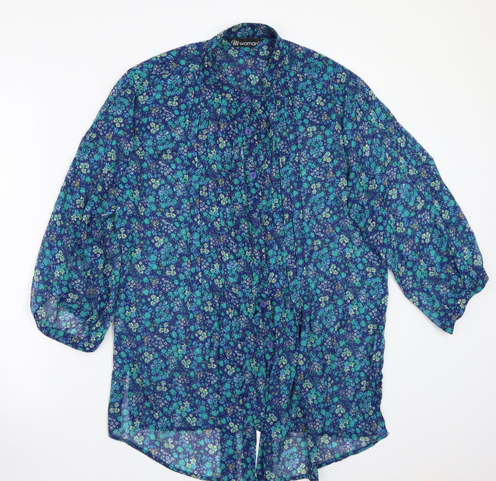M woman Womens Blue Floral  Basic Button-Up Size M