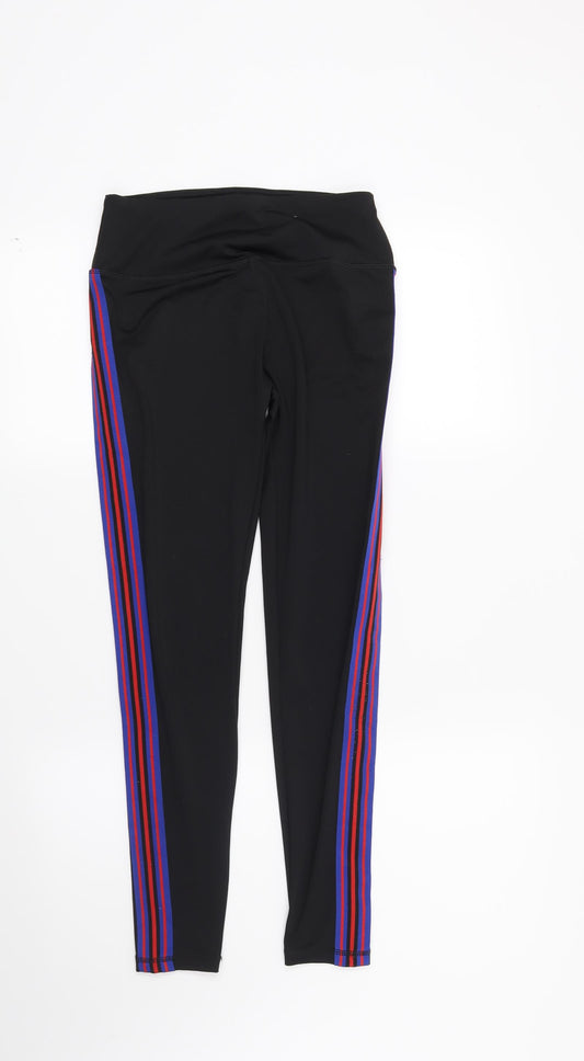 Front view of Workout women’s black striped capri leggings, size UK 6, 26-inch leg