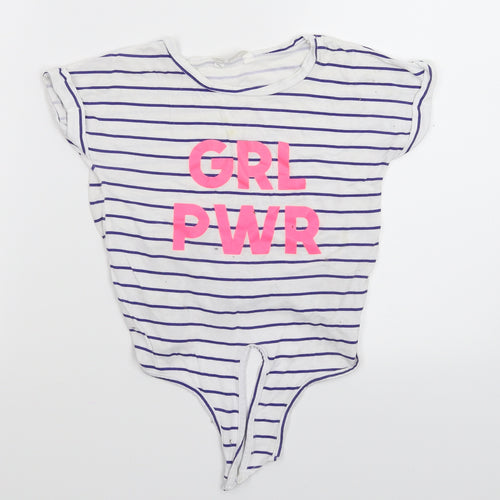 M&Co Girls White Striped  Basic T-Shirt Size 6-7 Years