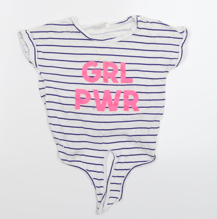 M&Co Girls White Striped  Basic T-Shirt Size 6-7 Years