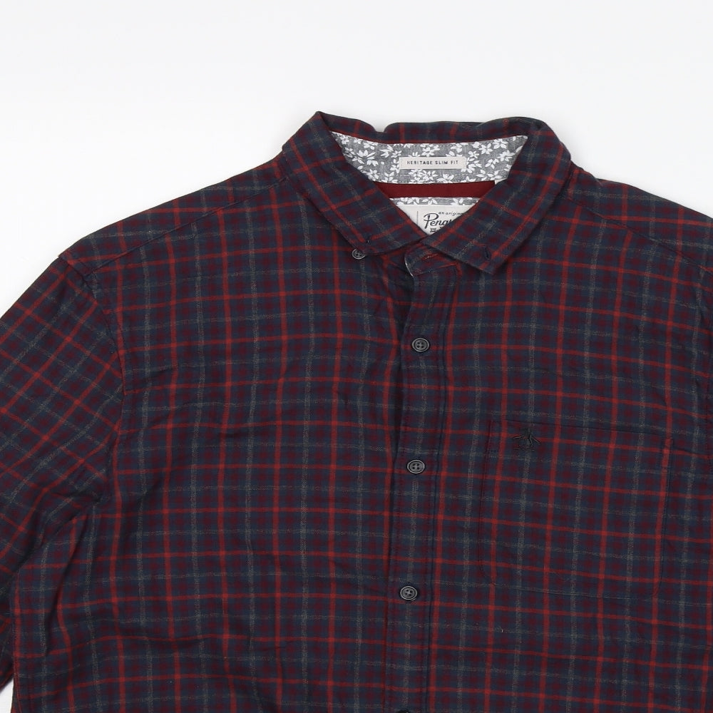 Penguin Mens Red Check   Button-Up Size M