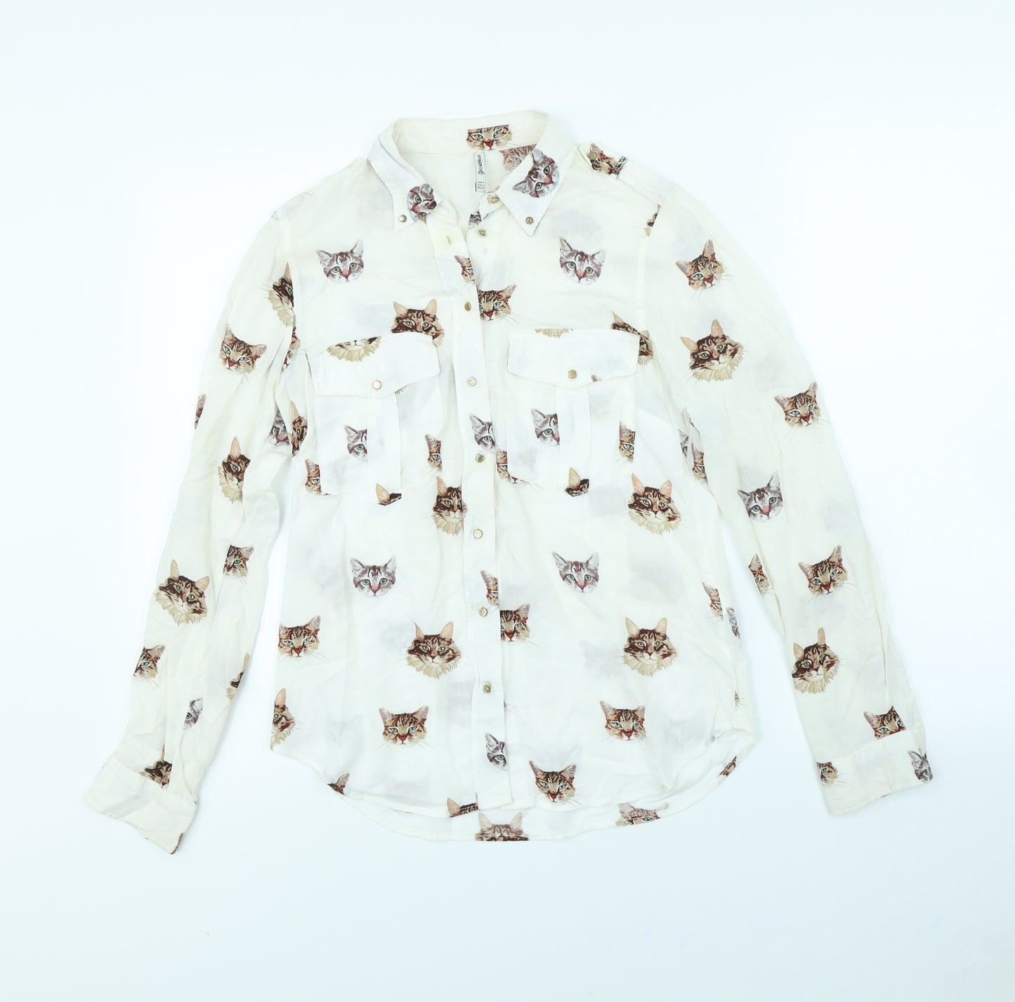 Stradivarius Womens White Animal Print  Basic Button-Up Size S  - Cats