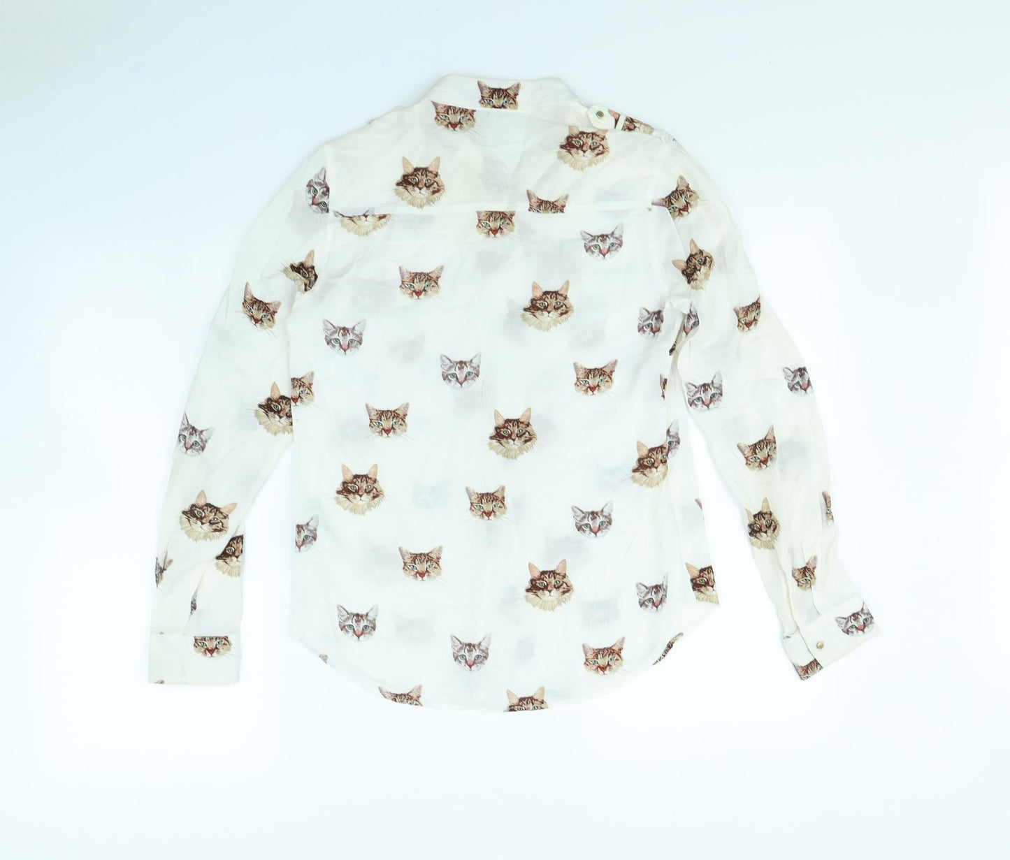 Stradivarius Womens White Animal Print  Basic Button-Up Size S  - Cats