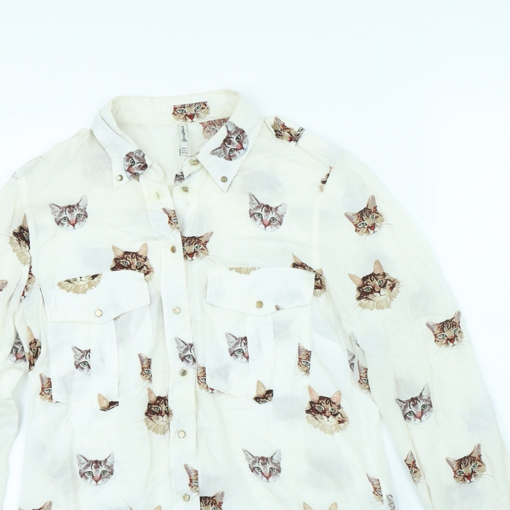 Stradivarius Womens White Animal Print  Basic Button-Up Size S  - Cats