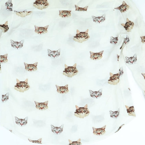 Stradivarius Womens White Animal Print  Basic Button-Up Size S  - Cats