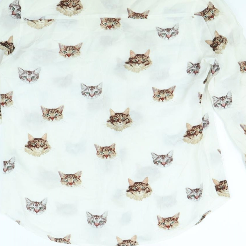 Stradivarius Womens White Animal Print  Basic Button-Up Size S  - Cats