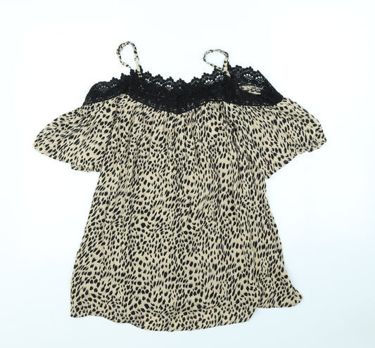 Front view of Pep&Co women’s brown animal print basic blouse, size UK 8