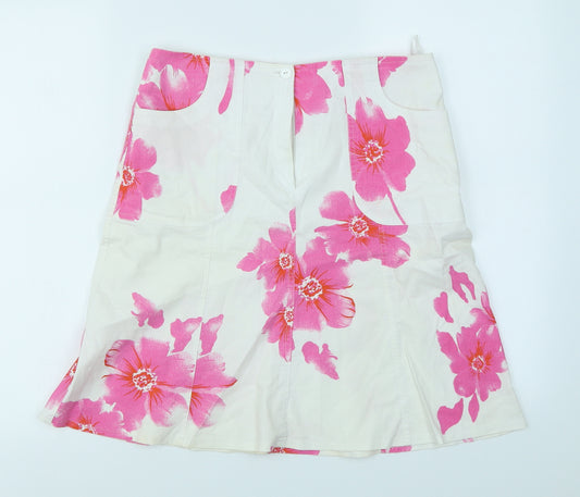 Front view of Andante women’s white floral flare skirt, size UK 12