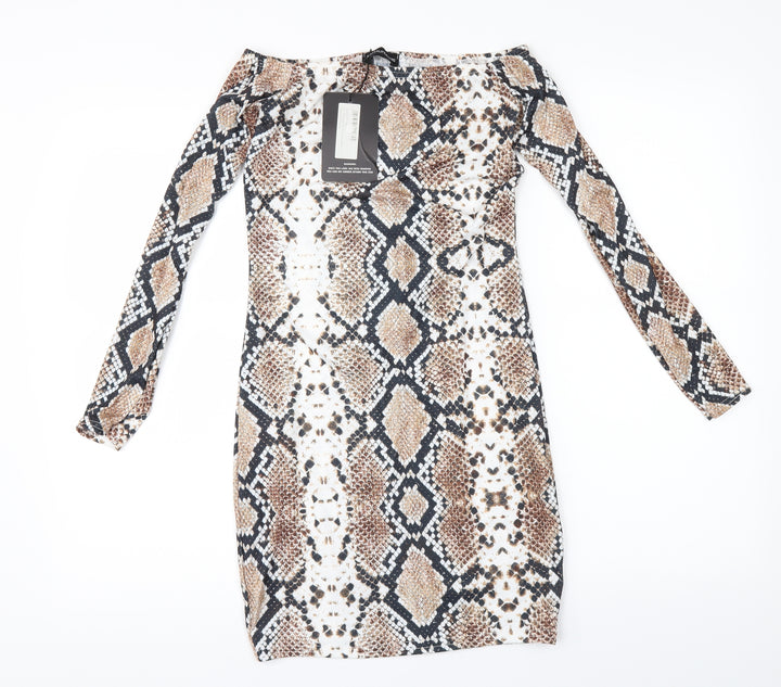 PRETTYLITTLETHING Womens Brown Animal Print Bodycon Size 10