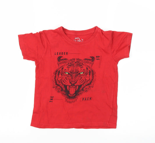 Front view of Pep&Co boys’ red animal print basic t-shirt, size 6-7, years