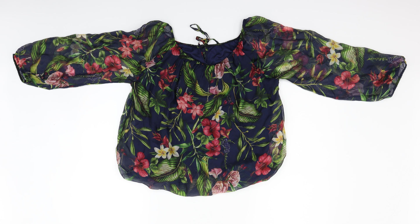 Preworn Womens Blue Floral  Basic Blouse Size M