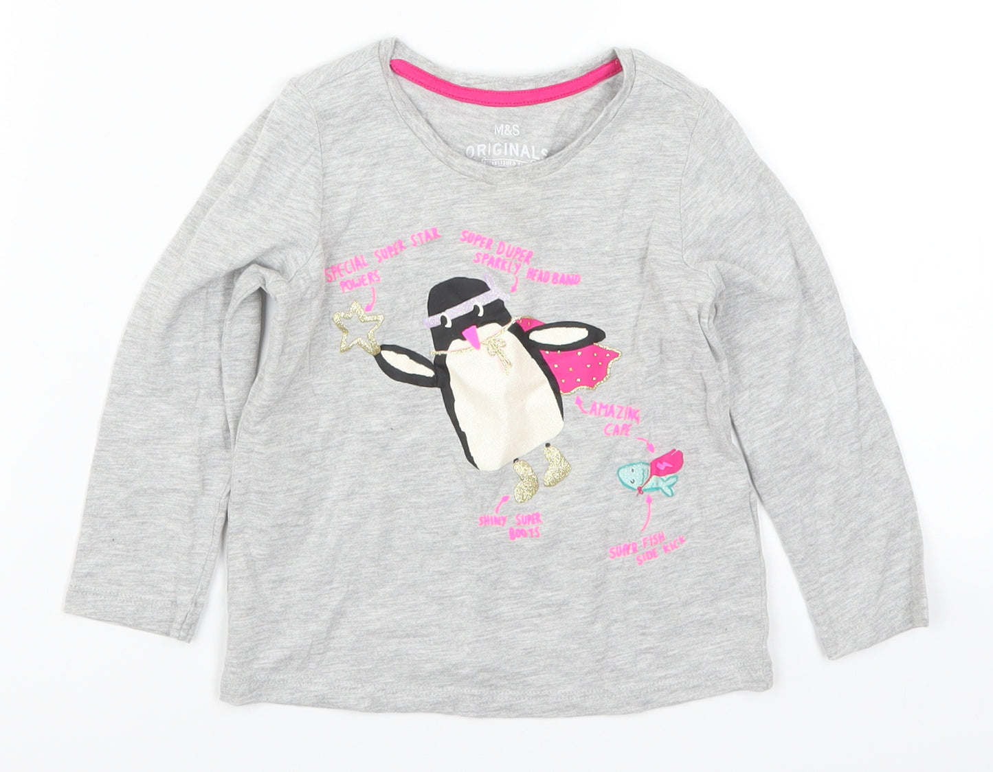 Marks and Spencer Girls Grey   Basic T-Shirt Size 2-3 Years  - Penguin Superstar
