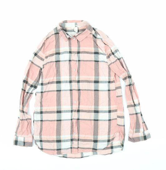 Front view of H&M women’s pink plaid basic button-up, size UK 4