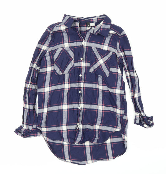 Front view of H&M women’s blue plaid basic button-up, size UK 6