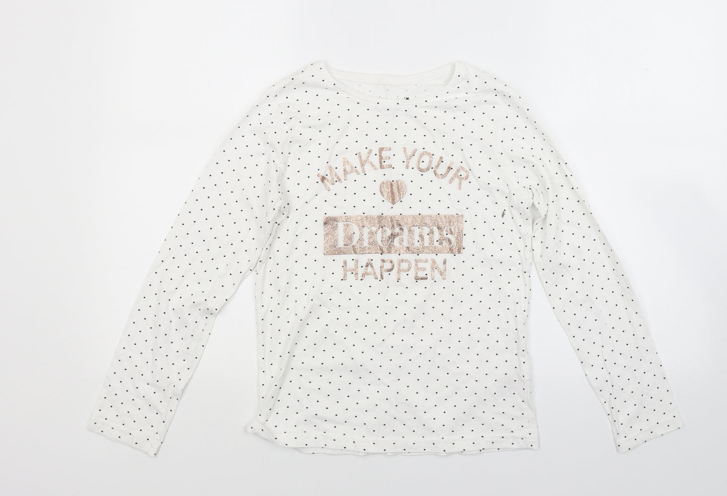 Primark Girls White Polka Dot  Basic T-Shirt Size 11 Years  - Make Your Dreams Happen