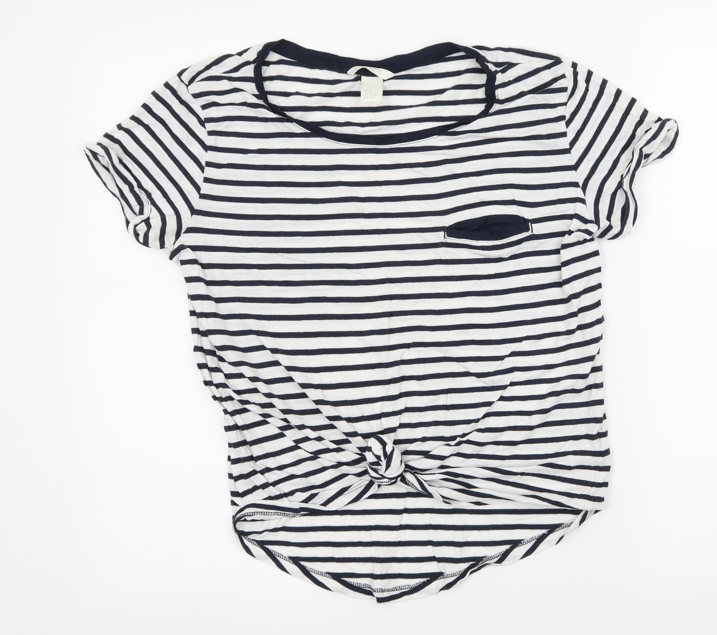 H&M Womens Blue Striped Jersey Basic T-Shirt Size S  - Knot Detail