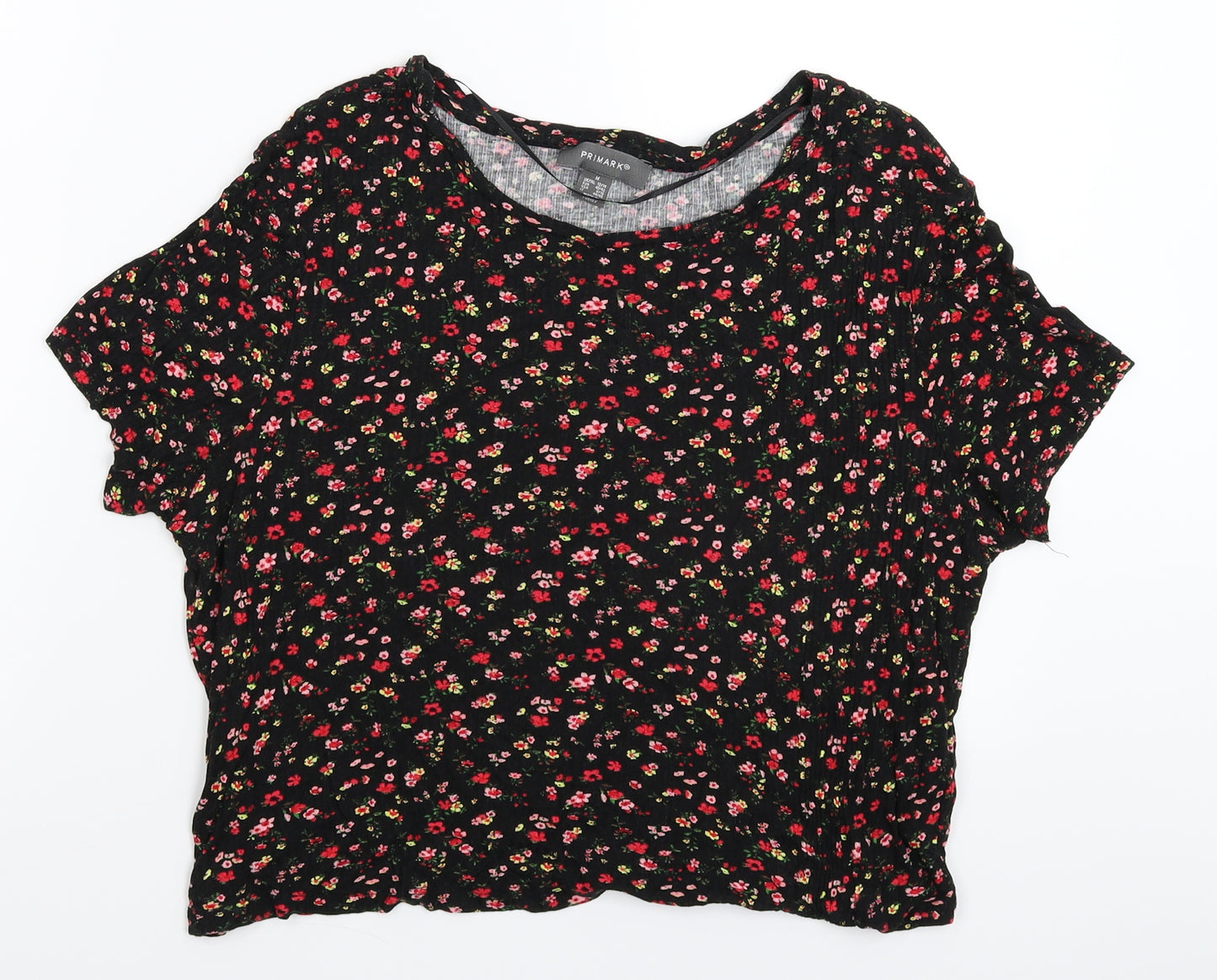 Primark Womens Black Floral  Cropped T-Shirt Size 14