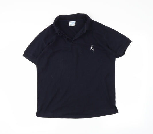Front view of JHK men’s blue polo, size M