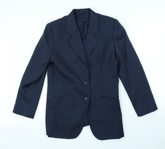 Front view of Preworn men’s blue jacket blazer, size S, - shoulder pads