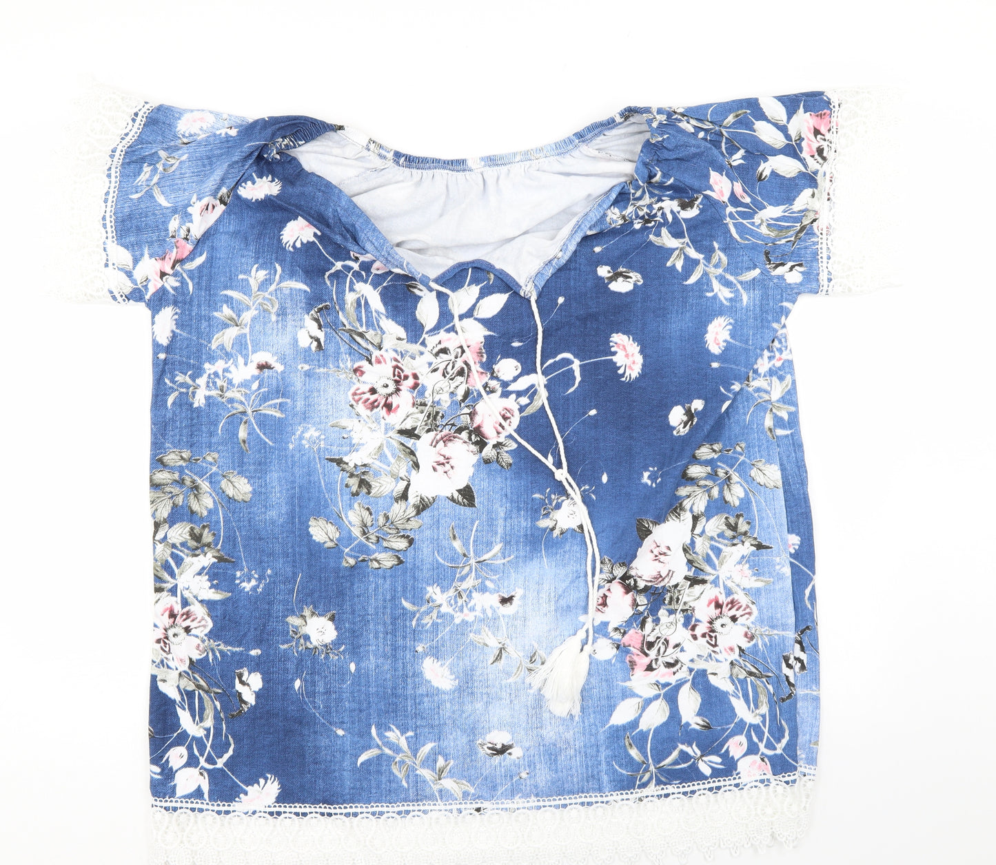 Preworn Womens Blue Floral  Basic Blouse Size XL