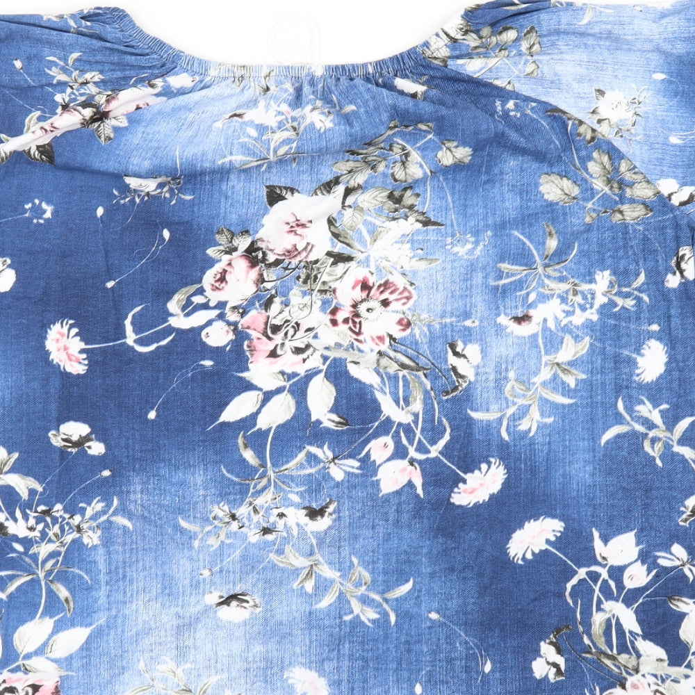 Preworn Womens Blue Floral  Basic Blouse Size XL