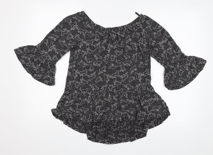 F&F Girls Black Animal Print  Basic Blouse Size 12-13 Years