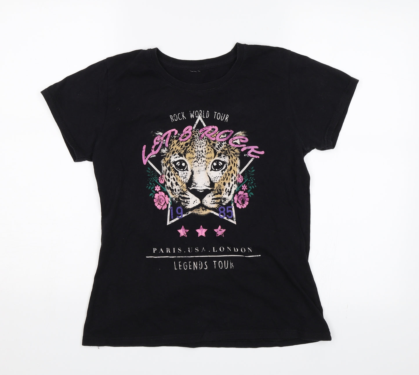 Preworn Girls Black   Basic T-Shirt Size 13-14 Years  - Cheetah